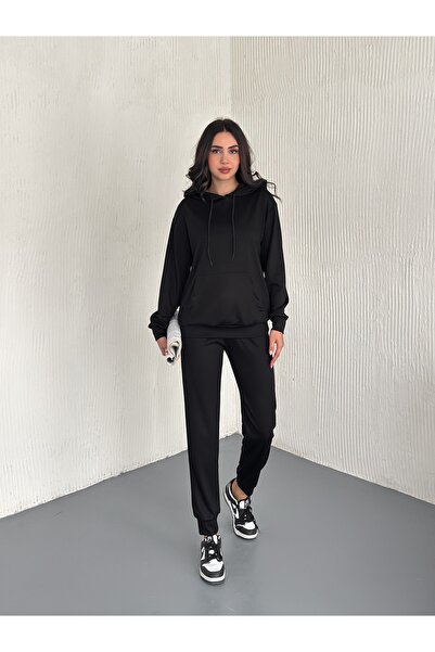 Yelken Giyim Women's Black Hooded Model Fabric Full Stretch Tracksuit Set – Comfortable Fit, Casual and Sporty Combination