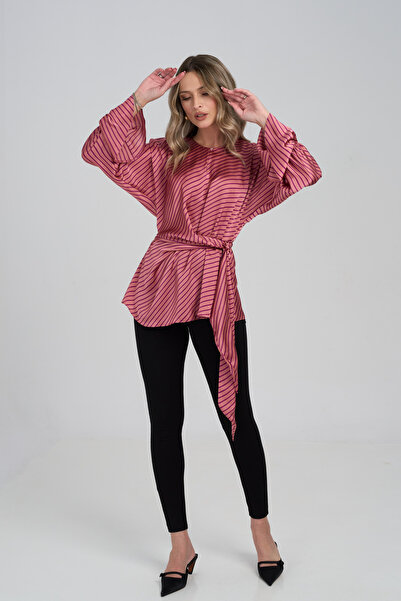 Couture de Marie Bluză cu dungi roz, talie cu cordon, mânecă clopot – Mella