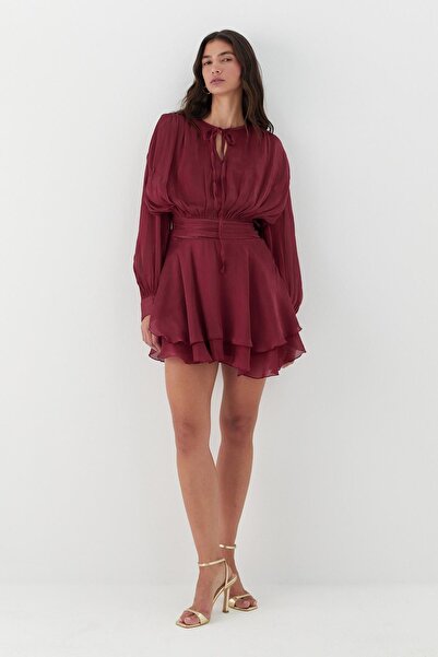 MARKALİSTE Φόρεμα σιφόν με λεπτομέρεια βολάν και λουράκια μπορντό