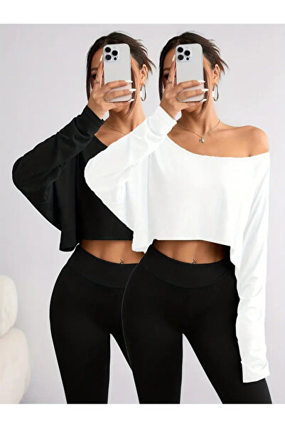 npLStore Set de 2 hanorace crop fără imprimeu pentru femei