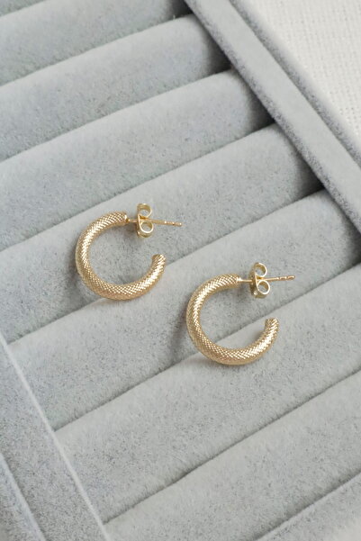 DEMOKAN Kadın Küpe Kararmaz 14k Renk Vip Seri Dokulu Yarım Halka Boru 2cm Küpe