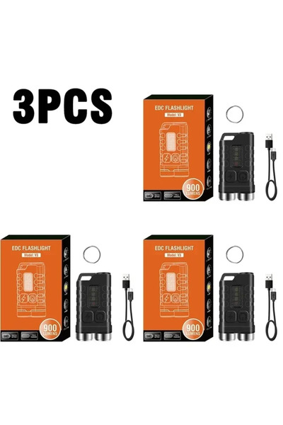 Choice Black 3PCS V3 EDC Flashlight Keychain Light 900 Lumens Handheld Portable Super Bright TYPE-C USB Cha