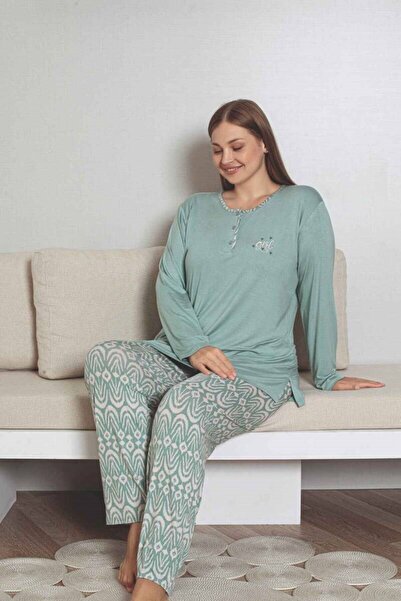 ALİMER Women's Green Ethnic Pattern 3-Button Stretch Fabric Viscose Transitional Long Sleeve Pajama Set