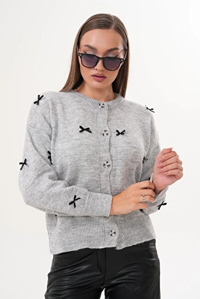 RECEP AYDIN Women's Bow Embroidered Buttoned Knitwear Knitted Cardigan