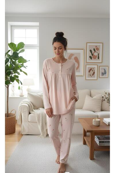 Nena طقم بيجامة من القطن بنسبة 100% بأكمام طويلة ونقشة زهور بلون السلمون -14618