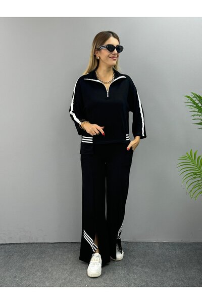 Modayakamoz    Women's Polo Neck Slit Ribbed Double Suit