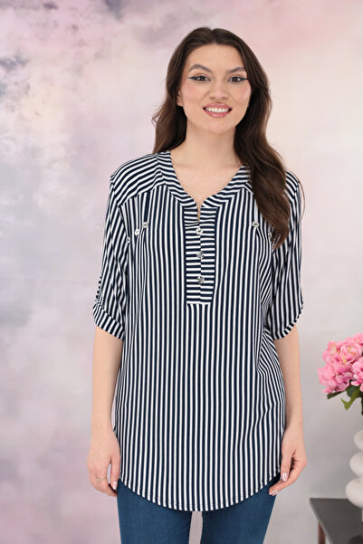 Trend Land Bluza cu dungi bleumarin-albe si guler tunica