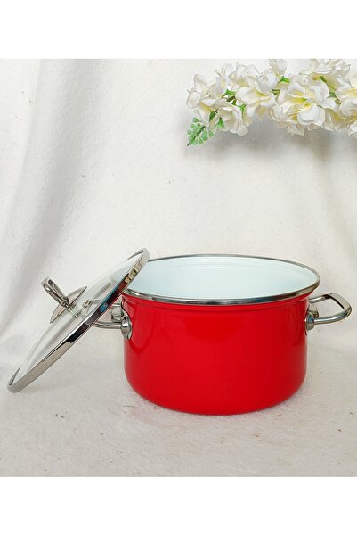 EBRULİEMAYE Red Enamel Pot 2.5 Liters 20 cm Diameter Chrome Detailed Milk Yogurt Soup Pot