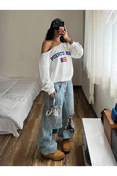 Machetta Hanorac oversize pentru femei, cu imprimeu Rico, cu un singur umăr, cu decolteu barcă, sezon nou