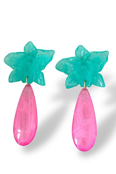 TAKIŞTIR Turquoise and Pink Color Flower Figured Design Earrings (Pair)