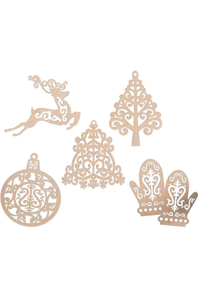 OEM Set 5 globuri de Craciun HH879 din Lemn Model Traditional de Craciun