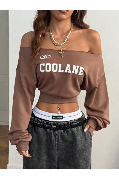 Machetta Kadın Coolane Baskılı Crop Tek Omuz Kayık Yaka Yeni Sezon Oversize S...