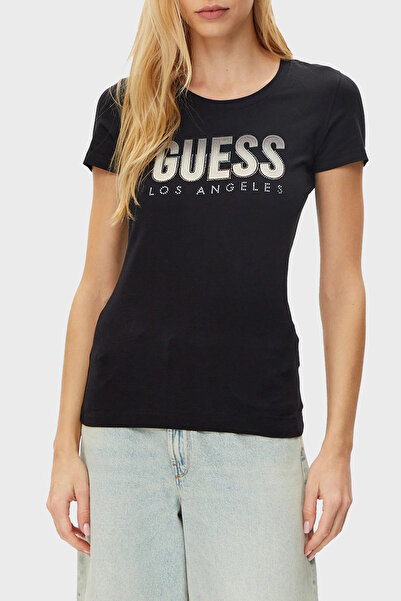 Guess Γυναικείο μπλουζάκι Cn Ss Glitter Stretch Cotton εφαρμοστό με λογότυπο W5GI14 J1314 JBLK