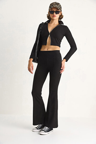 Bianco Lucci Women's Ribbed Knitted Fabric Double Zipper Detail Turtleneck Bottom-Top Set 2421 60284063