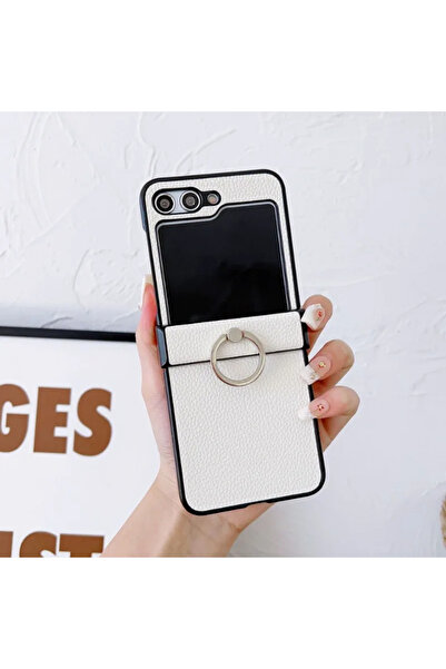 Choice جراب هاتف جلدي أبيض بنقشة الليتشي لهواتف Galaxy Z Flip 5، متوافق مع Z ...