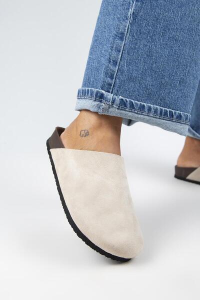 Manijero Ruzqahi Women's Leather Genuine Leather Flat Sabo Beige Slippers