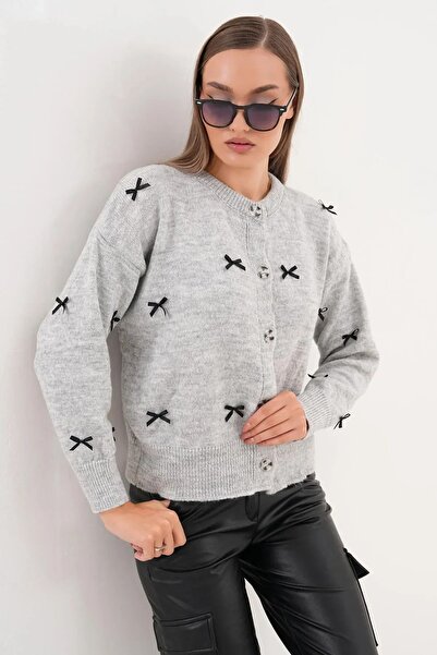 RECEP AYDIN Women's Bow Embroidered Buttoned Knitwear Knitted Cardigan