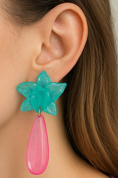 TAKIŞTIR Turquoise and Pink Color Flower Figured Design Earrings (Pair)