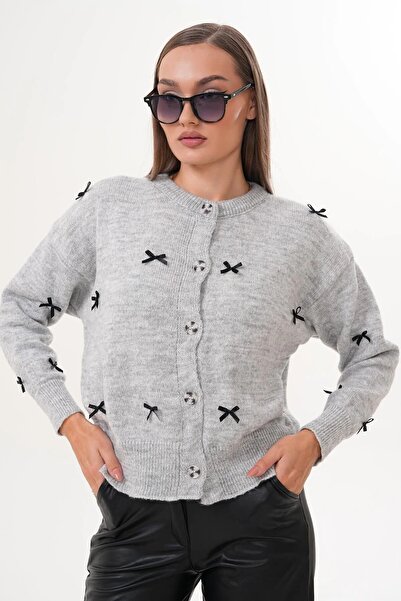 RECEP AYDIN Women's Bow Embroidered Buttoned Knitwear Knitted Cardigan