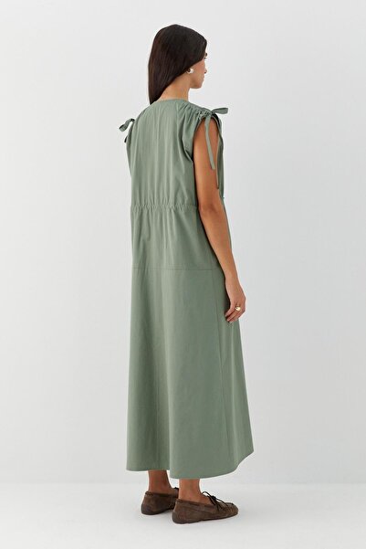 MARKALİSTE Drawstring Detailed V-Neck Dress Khaki