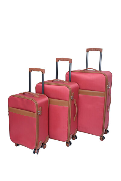 MGV ÇANTA Wordrobe Raflı 4 Teker Çekçekli Kırmızı-Taba 3'lü Set Valiz