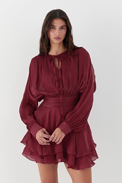 MARKALİSTE Φόρεμα σιφόν με λεπτομέρεια βολάν και λουράκια μπορντό