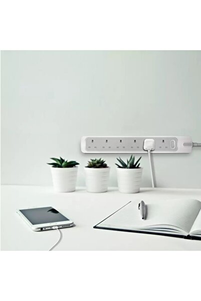 RAFEED كهربائي، سلك تمديد طاقة، 6 مقابس، 2 متر، أبيض/رمادي