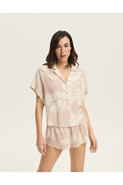 ESOTIQ Set pijama pentru femei, format din 2 piese, cămașă cu nasturi și pantaloni scurți, din viscoză florală | Roya