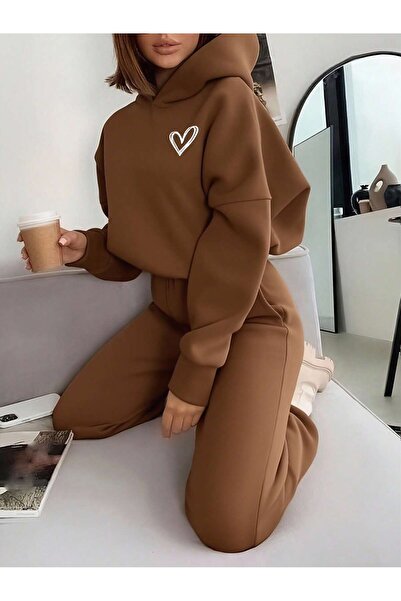 Velostra Daily 3 Thread Comfortable Heart Printed Winter Thick Bottom Top Hooded Sweatshirt Set