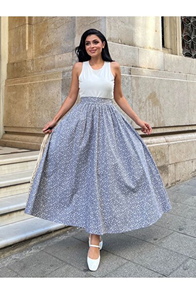 KÜÇÜĞÜM BUTİK Gray Crisp Floral Poplin Flared Skirt