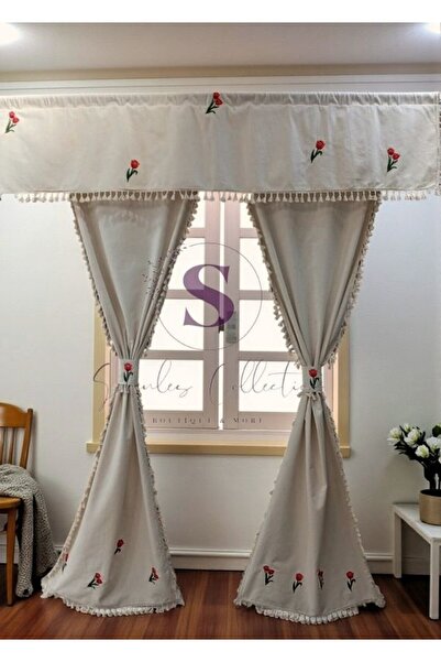 shules collection Tulip Embroidered Tasseled Vintage Cotton Linen Curtain (Width X Length) - Single Panel - No Pleats