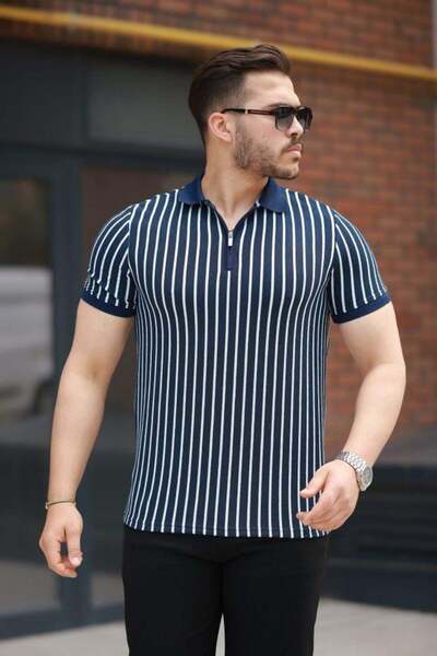 ASH GİYİM Ανδρικό κοντομάνικο μπλουζάκι με ριγέ γιακά με φερμουάρ