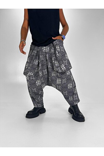 Superbluemexico Unisex Jacquard Poker Patterned Avant-Garde Balloon Pocket Baggy Trousers