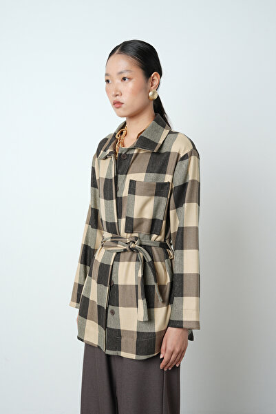 Orfeo Negro Γυναικείο πουκάμισο-μπουφάν με καρό σχέδιο με μονή τσέπη και ζώνη