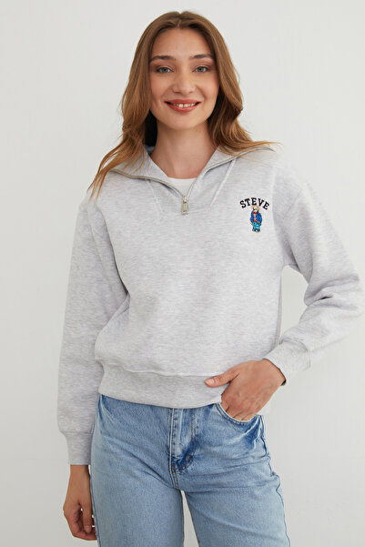 Fulla Moda 3 İplik Ayıcık Nakışlı Yarım Fermuarlı Sweatshirt