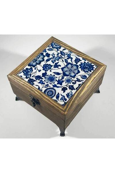 Çini Evi صندوق مجوهرات خشبي بتصميم زهرة زرقاء