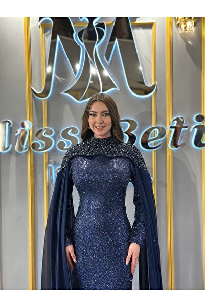 MissBetül Tesettür Kapalı Pelerin Taşlı Abiye Nişan Elbisesi