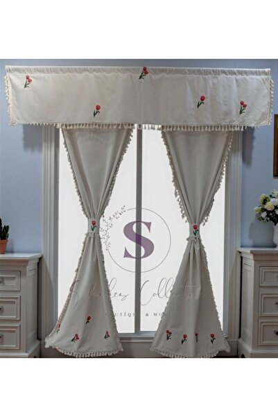shules collection Tulip Embroidered Tasseled Vintage Cotton Linen Curtain (Width X Length) - Single Panel - No Pleats