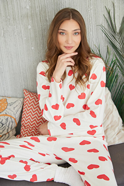Fulla Moda Heart Pattern Crew Neck Pajamas Set