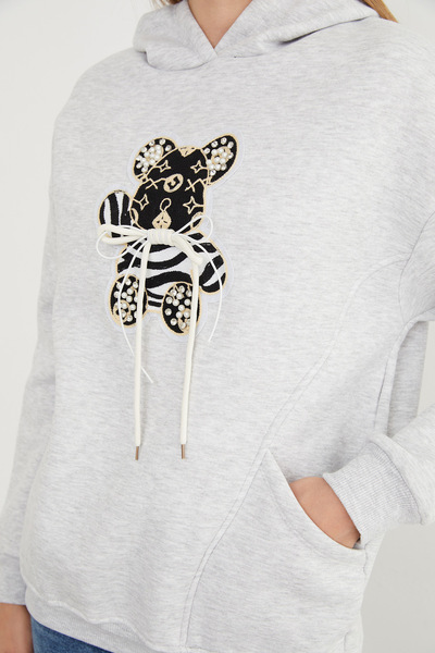 Fulla Moda 3 İplik Ayıcık Nakışlı Cepli Kapüşonlu Oversize Sweatshirt