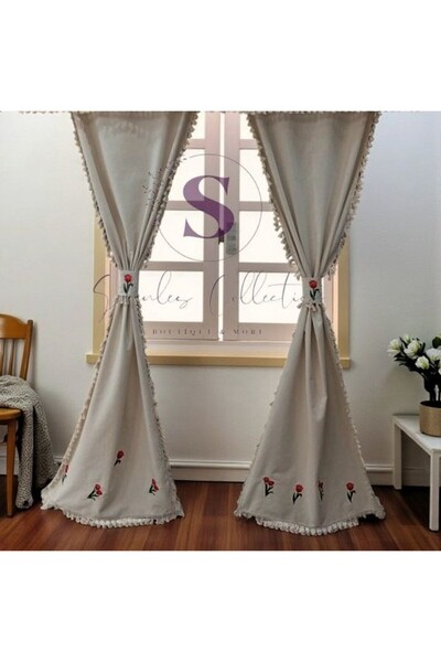shules collection Tulip Embroidered Tasseled Vintage Cotton Linen Curtain (Width X Length) - Single Panel - No Pleats