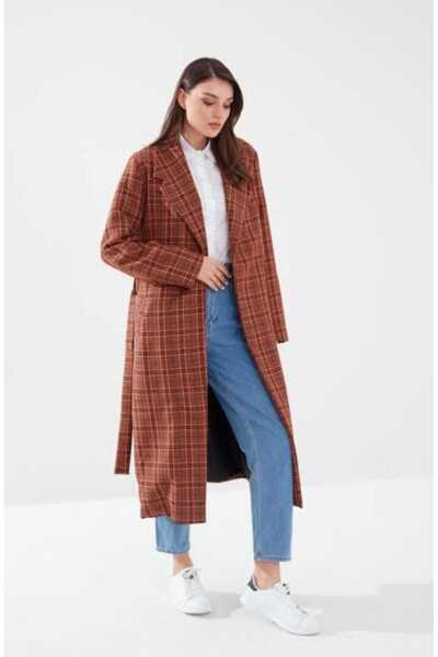 KIZILELMADA Women's Oversized Trench Coat – Brown Plaid Pattern, Stylish and Modern