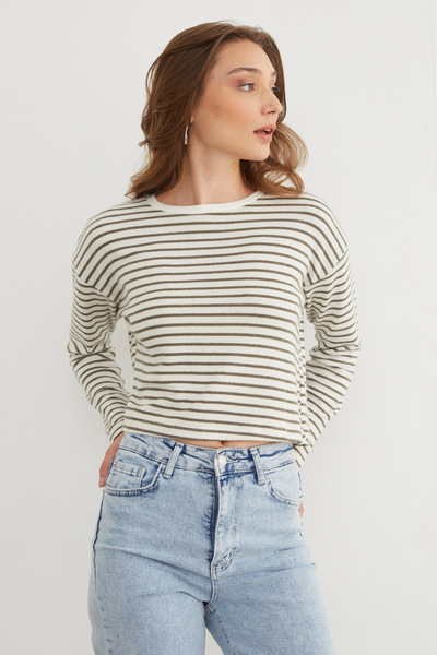 Fulla Moda Striped Crop Slim Knitwear Sweater