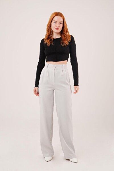 Omarı Wide Leg Pleated Gray Trousers