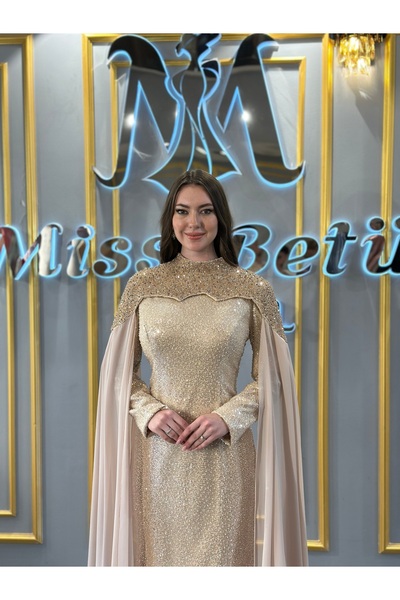 MissBetül Tesettür Kapalı Pelerin Taşlı Abiye Nişan Elbisesi