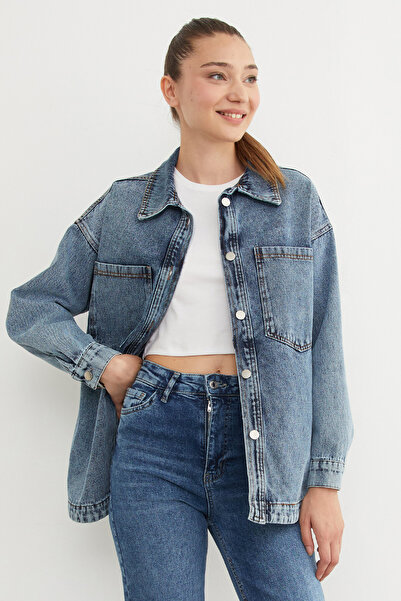 Fulla Moda Double Pocket Snap Fastener Oversize Denim Jacket