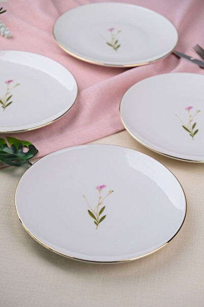tabakevi Tabak Evi Porcelain Natura Broadcloth Gold Gilded Cake Plate 20.50cm Set of 4