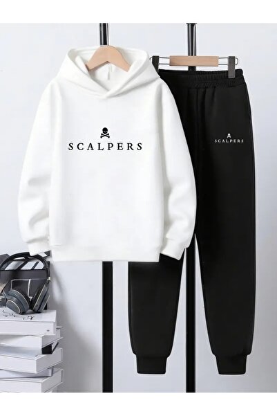 buendiakids Set de pantaloni de trening cu glugă cu imprimeu Scalpers alb-negru pentru băieți
