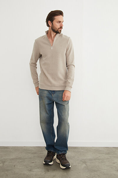 Fulla Moda Fitilli Dik Yaka Yarım Fermuarlı Sweatshirt