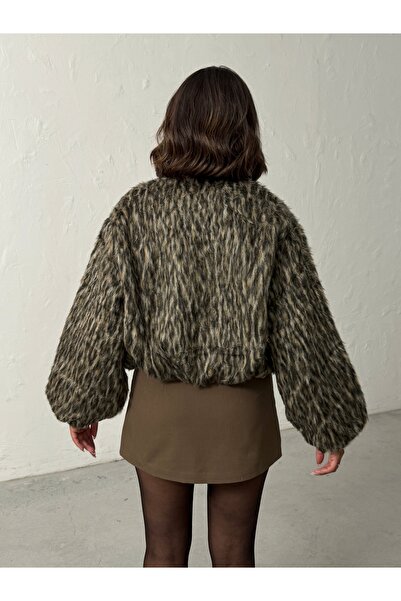 BEJNA Women's Leopard Print Furry Bomber Jacket